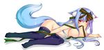  animal_ears blue_legwear breasts hair_ribbon highres large_breasts long_hair lying mouth_hold nude original red_eyes ribbon sesield simple_background solo tail thighhighs white_background 