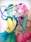  artist_name eyeball green_eyes green_hair hairband hat hat_ribbon heart heart_of_string komeiji_koishi komeiji_satori multiple_girls open_mouth pink_hair purple_eyes ribbon rosette_(roze-ko) short_hair siblings sisters skirt smile third_eye touhou traditional_media 