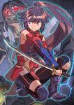  1girl akatsuki_(log_horizon) armor bad_id bad_pixiv_id bare_shoulders detached_sleeves enheart_nelreth evil_grin evil_smile fingerless_gloves frown gauntlets gloves glowing glowing_eyes grin katana log_horizon long_hair mask one_knee ponytail projected_inset purple_eyes purple_hair rano red_eyes reverse_grip shiny shiny_hair shorts silver_hair smile sword veins weapon 