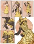  2018 barefoot breast_shrinking breasts brown_hair bubbeh capcom clothing comic dragon dress elder_dragon eyewear female feral glasses hair horn human human_to_feral kulve_taroth looking_at_viewer mammal monster_hunter monster_hunter_world nipples smile solo standing surprise torn_clothing transformation video_games 