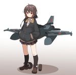  aircraft airplane amonitto brown_hair f-2 hands_in_pockets highres jacket long_sleeves looking_at_viewer machinery mecha_musume necktie original personification red_eyes shirt skirt solo 