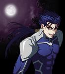  blue_hair fate/stay_night fate_(series) full_moon lancer long_hair male_focus masurao_bc moon ponytail red_eyes solo 