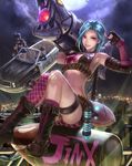  bad_id bad_pixiv_id bandolier banned_artist black_footwear boots breasts caitlyn_(league_of_legends) cleavage cross-laced_footwear highres jinx_(league_of_legends) lace-up_boots league_of_legends looking_at_viewer midriff multiple_girls parted_lips small_breasts smile sunglasses vi_(league_of_legends) yazuwo 