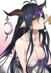  bad_id bad_twitter_id bandages bare_shoulders blush breasts cleavage danua draph dress finger_sucking gradient gradient_background granblue_fantasy hair_between_eyes heavy_breathing horn_ornament horns jewelry large_breasts leaning_forward long_hair mikurou_(nayuta) necklace pointy_ears purple_hair red_eyes sidelocks simple_background sitting solo_focus strap_gap sweat very_long_hair white_dress 