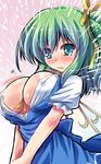  between_breasts blue_dress blush bouncing_breasts breasts bursting_breasts covered_nipples daiyousei dress fairy_wings green_eyes green_hair hair_ribbon large_breasts open_clothes open_dress open_shirt popped_button puffy_short_sleeves puffy_sleeves ribbon shirt short_sleeves side_ponytail solo tears touhou v_arms wardrobe_malfunction wavy_mouth wings yamu_(reverse_noise) 