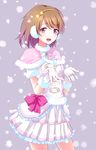  bow brown_hair gloves hairband koizumi_hanayo looking_at_viewer love_live! love_live!_school_idol_project open_mouth pink_eyes short_hair simple_background skirt smile snow snow_halation snowflakes solo white_gloves yuki_(sangeki5806) 
