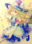  artist_name blonde_hair bow braid broom broom_riding dated hair_bow hat kirisame_marisa long_hair ribbon rosette_(roze-ko) smile solo star touhou traditional_media witch_hat yellow_eyes 