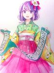  artist_name bow flower hair_flower hair_ornament hieda_no_akyuu japanese_clothes kimono open_mouth purple_eyes purple_hair ribbon rosette_(roze-ko) scroll short_hair smile solo touhou traditional_media 