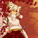  animal_ears autumn_leaves breasts detached_sleeves hair_over_one_eye hand_on_hip hat inubashiri_momiji katana leaf medium_breasts midriff pom_pom_(clothes) red_eyes short_hair silver_hair solo sword tail tokin_hat touhou weapon wolf_ears wolf_tail yodogawa 