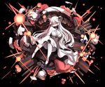  1girl black_background breasts cleavage dress horns kantai_collection large_breasts long_hair midway_hime nanashina orange_eyes shinkaisei-kan simple_background solo turret very_long_hair white_dress white_hair white_skin 