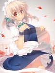  absurdres apron braid breasts dress flower hair_ribbon highres holding izayoi_sakuya long_hair looking_at_viewer maid maid_apron maid_headdress medium_breasts niwashi_(yuyu) panties pantyshot petals puffy_sleeves red_eyes ribbon rose short_sleeves silver_hair smile solo touhou tray twin_braids underwear white_panties wind wind_lift wrist_cuffs 