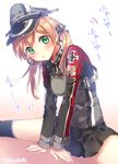  anchor_hair_ornament blonde_hair green_eyes hair_ornament hat kantai_collection long_hair long_sleeves looking_at_viewer microskirt military military_uniform open_mouth peaked_cap prinz_eugen_(kantai_collection) riichu skirt solo spread_legs thighhighs translated twintails twitter_username uniform 