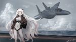  2014 aircraft airfield_hime airplane breasts cloud cloudy_sky contrapposto cropped_jacket dark_sky dated day f-15_eagle fighter_jet headwear_removed helmet helmet_removed horns jet kantai_collection kirigaku_luo large_breasts long_hair midriff military military_vehicle navel pale_skin red_eyes shinkaisei-kan sky solo standing very_long_hair white_hair white_skin 