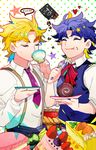  blonde_hair blue_hair blush cake child closed_eyes cup dio_brando dish drinking eating food fork fruit heart jojo_no_kimyou_na_bouken jonathan_joestar macaron multiple_boys necktie plate sakaumi shortcake star strawberry sweater_vest sweets swiss_roll teacup 