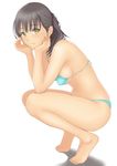  barefoot bikini black_hair blue_bikini breasts chin_rest covered_nipples ears full_body green_eyes hands_on_own_face legs looking_at_viewer medium_breasts muffin_(sirumeria) original sideboob simple_background smile solo squatting swimsuit tiptoes white_background 
