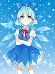  artist_name blue_eyes blue_hair bow cirno crossed_arms dress hair_bow ice ice_wings ribbon rosette_(roze-ko) short_hair smile snow snowflakes solo touhou wings 