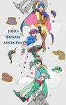  aviator_cap blue_hair bow bowtie boxers cape family gakuran green_hair hat hat_removed headwear_removed jojo_no_kimyou_na_bouken jonathan_joestar joseph_joestar_(young) kuujou_joutarou long_coat male_focus male_underwear multiple_boys purple_hair sakaumi school_uniform underwear 