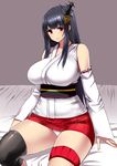  bare_shoulders black_hair blush breasts detached_sleeves fusou_(kantai_collection) hair_ornament ishimiso_(ishimura) japanese_clothes kantai_collection large_breasts long_hair looking_at_viewer microskirt nontraditional_miko panties pantyshot pantyshot_(sitting) red_eyes sitting skirt smile solo underwear 