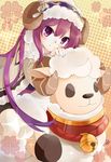  bell character_request hat highres hinata8281 horns long_hair looking_at_viewer looking_back purple_eyes purple_hair sangokushi_puzzle_taisen sheep sheep_horns smile solo 