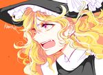  angry artist_name blonde_hair braid earrings fang hat jewelry kirisame_marisa long_hair open_mouth ribbon rosette_(roze-ko) solo touhou witch_hat yellow_eyes 