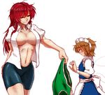  apron arm_behind_back bike_shorts blouse blue_dress blue_eyes blush braid breasts brown_hair chinese_clothes collarbone commentary_request crop_top dress embarrassed fairy_maid fairy_wings grin half-closed_eyes height_difference hong_meiling koyubi_(littlefinger1988) large_breasts long_hair looking_at_another maid_apron maid_headdress multiple_girls navel no_bra open_blouse open_clothes puffy_short_sleeves puffy_sleeves red_hair short_hair short_sleeves size_difference smile sportswear tangzhuang touhou twin_braids undressing wings 