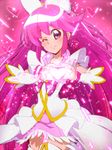  aino_megumi arm_warmers bow cure_lovely forever_lovely hair_bow happinesscharge_precure! heart heart_hands long_hair magical_girl one_eye_closed pink_background pink_bow pink_eyes pink_hair precure skirt smile solo sparkle thighhighs tj-type1 