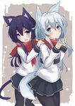  \m/ akatsuki_(kantai_collection) animal_ears black_hair blue_eyes cat_ears cat_tail double_\m/ fang fox_ears fox_tail hair_between_eyes hibiki_(kantai_collection) kantai_collection kemonomimi_mode long_hair looking_at_viewer multiple_girls open_mouth pantyhose purple_eyes scarf school_uniform skirt surume_aburi tail twitter_username verniy_(kantai_collection) white_hair 