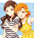  2girls :&lt; ;d arm_holding blush brown_eyes brown_hair dress flower hair_bobbles hair_ornament idolmaster idolmaster_million_live! kisaragi_ichigo kitazawa_shiho long_hair multiple_girls one_eye_closed open_mouth orange_eyes orange_hair shirt smile striped striped_shirt surprised yabuki_kana 