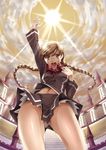  arm_up bow braid brown_eyes brown_hair clala cloud from_below glasses jon_shicchiou light_rays long_hair looking_down navel no_panties open_mouth quiz_magic_academy school_uniform solo sunbeam sunlight twin_braids 