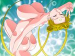  1girl ass bishoujo_senshi_sailor_moon blonde_hair breasts double_bun earrings eyes_closed facial_mark glamour_works highres huge_breasts jewelry leg_up legs long_hair nude open_mouth sailor_moon simple_background solo thighs tsukino_usagi twintails v 