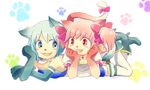 animal_ears bad_id bad_twitter_id blue_eyes blue_hair bow cape cat_ears cat_paws cat_tail dog_ears dog_paws dog_tail fang hair_bow kaname_madoka kemonomimi_mode looking_at_another lying magical_girl mahou_shoujo_madoka_magica miki_sayaka multiple_girls on_stomach paws pink_eyes pink_hair short_hair tail thighhighs torakichi37 zettai_ryouiki 