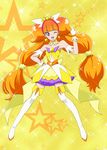  ;d amanogawa_kirara bare_shoulders boots brown_hair choker cure_twinkle earrings full_body gloves go!_princess_precure hand_on_hip highres jewelry long_hair magical_girl moritakusan one_eye_closed open_mouth precure purple_eyes smile solo star star_earrings starry_background thigh_boots thighhighs twintails very_long_hair white_footwear white_gloves white_legwear yellow_background 