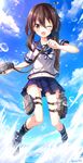  ;d blue_sky brown_hair cannon cloud day fubuki_(kantai_collection) highres kantai_collection machinery one_eye_closed open_mouth panties pantyshot rin_yuu school_uniform serafuku skirt skirt_lift sky smile turret underwear white_panties yellow_eyes 