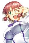  ;d blush bow bowtie breasts green_eyes hair_tubes jon_shicchiou looking_at_viewer looking_down medium_breasts one_eye_closed open_mouth quiz_magic_academy red_hair ruquia school_uniform shirt short_hair simple_background smile solo taut_clothes taut_shirt v_over_eye white_background 