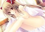  blush bow breast_press breasts brown_eyes brown_hair cross dutch_angle glint hair_bow jewelry knees_to_chest lan_lagrange large_breasts leaning_forward long_hair maken_no_gunshi_to_arks_legion necklace nude official_art on_bed oryou sideboob solo sparkle sweat towel 