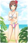  ayase_eli ayase_eli_(cosplay) beach bikini blue_eyes bracelet brown_hair cosplay covering covering_crotch covering_one_breast day flower hair_flower hair_ornament halterneck hibiscus highres jewelry kousaka_yukiho love_live! love_live!_school_idol_project o-ring o-ring_top short_hair solo standing striped striped_bikini swimsuit tetopetesone 