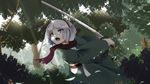  alternate_costume blue_eyes dappled_sunlight forest hair_ribbon japanese_clothes katana kimono konpaku_youmu meracle nature obi open_mouth petals ribbon sash scarf silver_hair solo sunlight sword touhou weapon 