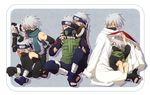  age_progression age_regression ankle_wraps artist_request bare_shoulders elbow_gloves emblem fingerless_gloves forehead_protector gloves hair_over_one_eye half_mask hatake_kakashi multiple_persona naruto outside_border scar scarf silver_hair sitting sleeveless takaichi_(as121) tattoo toeless_legwear younger 