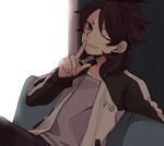  brown_hair fudou_akio grin inazuma_eleven_(series) inazuma_eleven_go inazuma_eleven_go_galaxy jacket long_hair looking_at_viewer male_focus one_eye_closed open_clothes open_jacket saku_anna sitting smile solo 