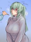  blush breasts large_breasts lips long_hair older pencil ponytail red_eyes rozen_maiden silver_hair solo_focus suigintou sweater translation_request tsuda_nanafushi turtleneck 