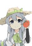  bad_id bad_twitter_id blue_eyes grey_hair hat highres kantai_collection long_hair ooyama_imo smile solo straw_hat tomato uniform yamagumo_(kantai_collection) 