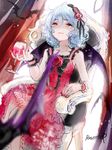  alcohol alternate_costume artist_name bad_id bad_pixiv_id bat bat_wings blue_hair cup dress drinking_glass hairband open_mouth red_eyes remilia_scarlet ribbon rosette_(roze-ko) short_hair smile solo touhou wine wine_glass wings 