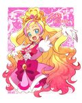  :d aqua_eyes arm_up blonde_hair bow brooch character_name cure_flora gloves go!_princess_precure gradient_hair haruno_haruka jewelry katsuma_rei long_hair magical_girl multicolored_hair open_mouth pink_background pink_bow pink_hair pink_skirt precure skirt smile solo streaked_hair two-tone_hair 