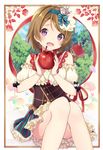  :d apple bare_legs bare_shoulders blouse blush border bow bracelet brown_hair cherry convenient_leg corset crown detached_sleeves flower food forest frilled_skirt frilled_sleeves frills fruit hair_bow hair_ornament hair_ribbon hairband highres holding holding_food holding_fruit house jewelry knees_together koizumi_hanayo looking_at_viewer love_live! love_live!_school_idol_project mini_crown nature necklace nonono open_mouth pearl pearl_bracelet puffy_short_sleeves puffy_sleeves purple_eyes ribbon short_hair short_sleeves sitting skirt smile solo striped striped_bow striped_skirt tiara tree vertical-striped_skirt vertical_stripes white_blouse 