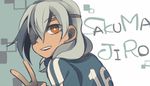  aqua_hair brown_eyes character_name eyepatch inazuma_eleven inazuma_eleven_(series) long_hair looking_back male_focus open_mouth saku_anna sakuma_jirou soccer_uniform solo sportswear v 