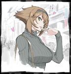  arai_kei bag breasts brown_hair green_eyes hairband hand_to_own_mouth jewelry kantai_collection large_breasts long_sleeves mutsu_(kantai_collection) ribbed_sweater ring short_hair shoulder_bag sketch smile solo sweater turtleneck upper_body wedding_band 