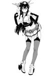  blush breasts greyscale harukon_(halcon) kantai_collection large_breasts long_hair looking_at_viewer monochrome nagato_(kantai_collection) simple_background smile solo thighhighs white_background 