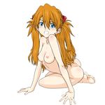  ass barefoot blue_eyes breasts brown_hair collarbone dimples_of_venus feet full_body hair_ornament hairpods harukaze_koucha long_hair medium_breasts neon_genesis_evangelion nipples nude open_mouth rebuild_of_evangelion shikinami_asuka_langley sitting soles solo souryuu_asuka_langley toes two_side_up 