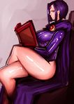  book breasts cape crossed_legs dc_comics large_breasts purple_eyes purple_hair raven_(dc) short_hair sitting solo teen_titans thighs zxc 