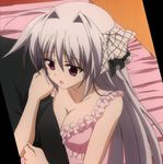  1girl breasts cleavage iris_freyja juuoumujin_no_fafnir maroon_eyes nightgown screencap silver_hair solo 